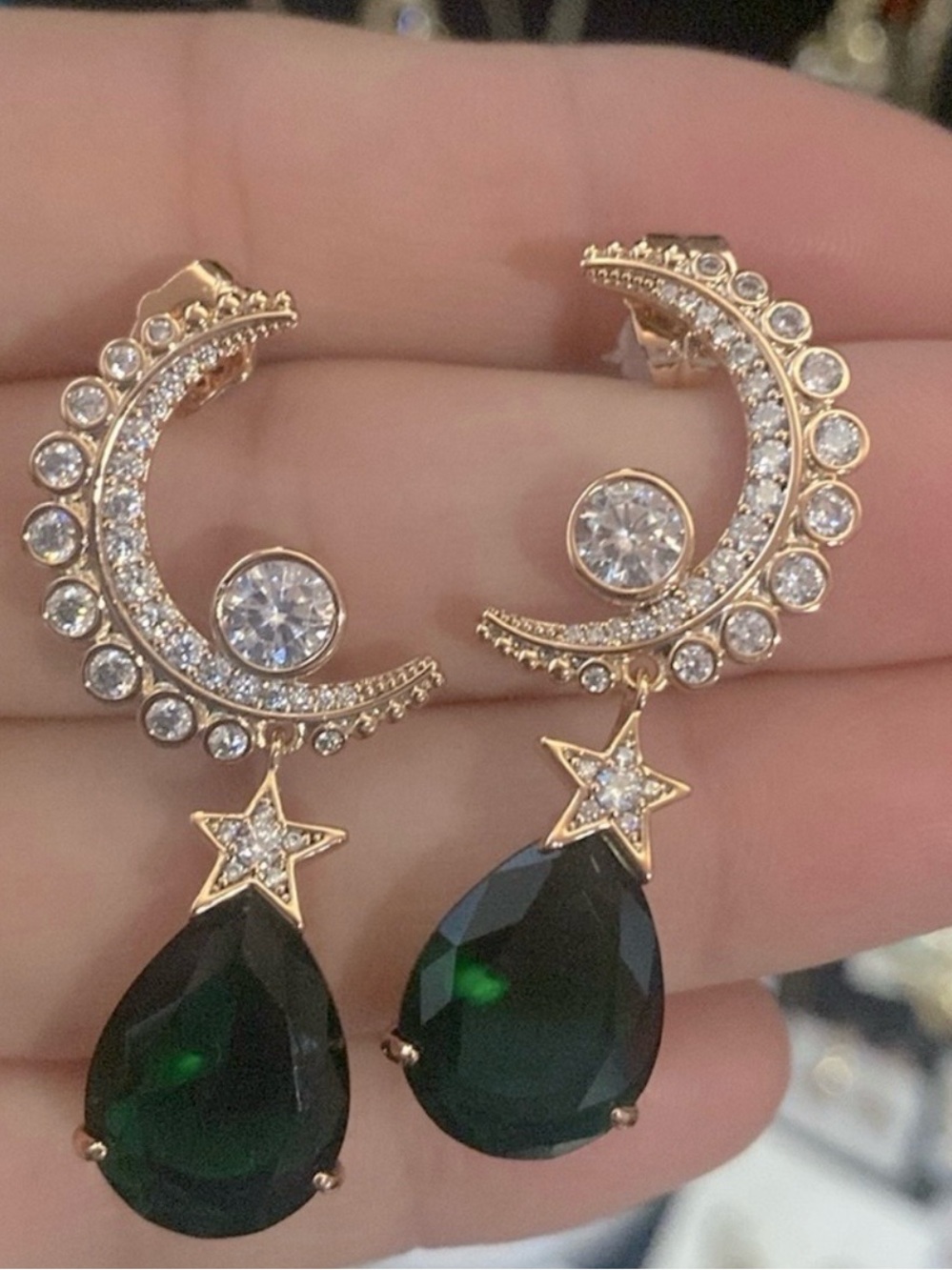 Gold-Tone Crescent Star Drop Earrings with Emerald Green Teardrops